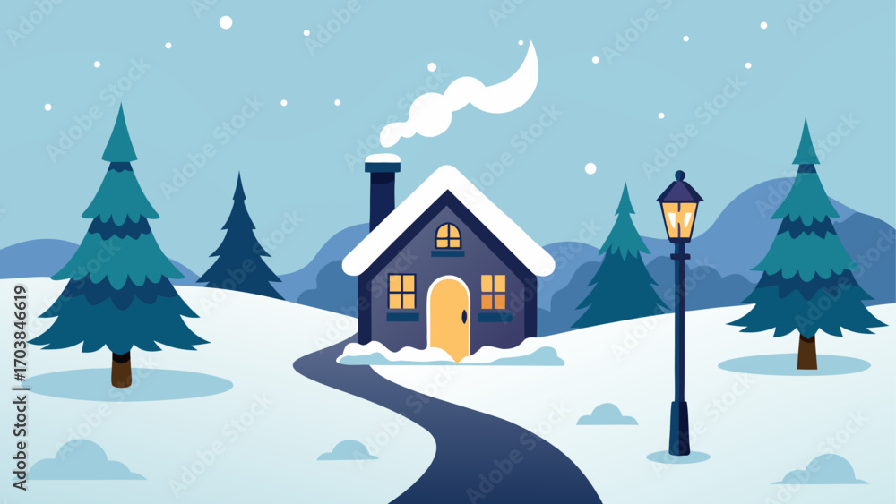 Fototapeta premium Winter scene with house and snowy landscape