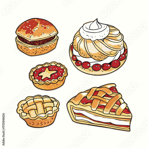 Baked pastries and desserts with fruit fillings and cream pastry tart