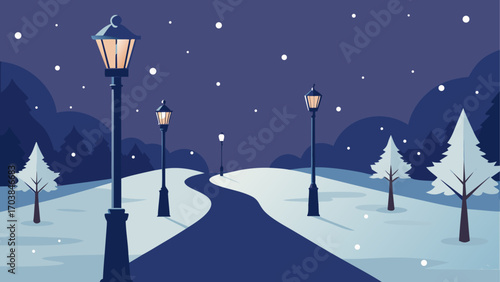 Winter landscape with snow and streetlights