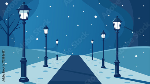 Winter night scene with street lamps path