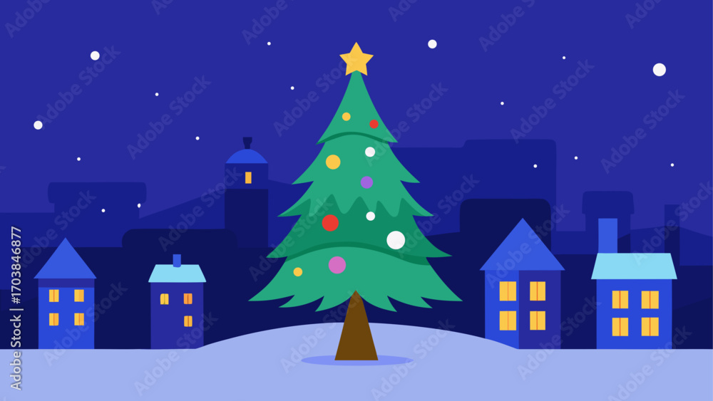 Fototapeta premium Christmas tree in a snowy town at night