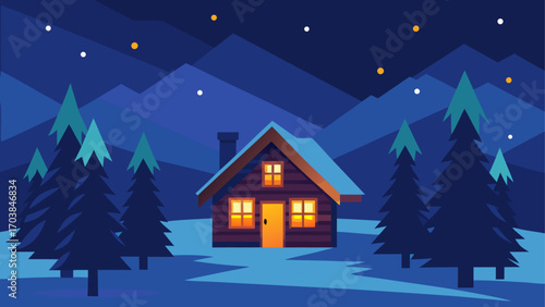 Cabin in the woods at night under stars