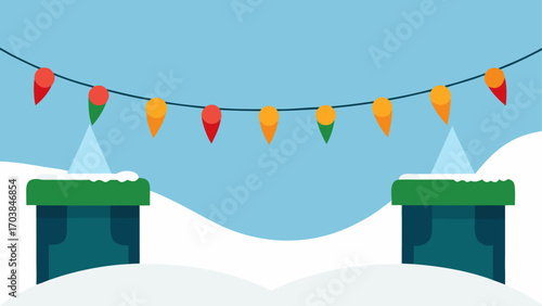 Festive lights hanging over snowy pipes