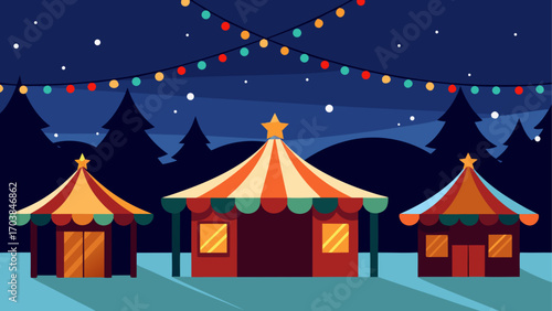 Three tents under string lights at night