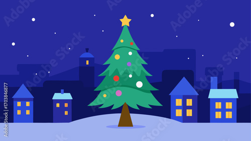 Christmas tree in a snowy town at night