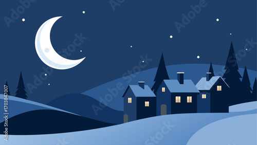 Night scene with moon houses and trees