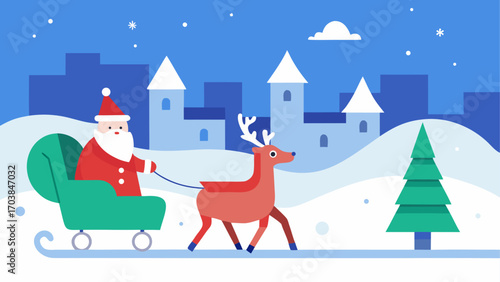 Santa in sleigh with reindeer city scene