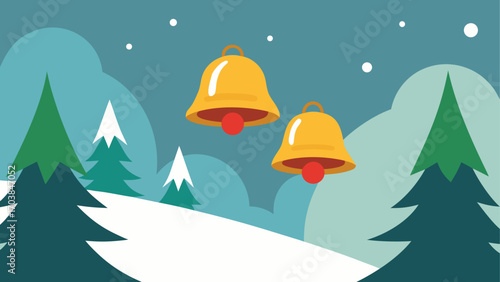 Winter scene with bells and christmas trees