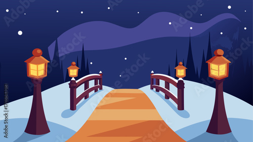 Winter scene with bridge and street lamps