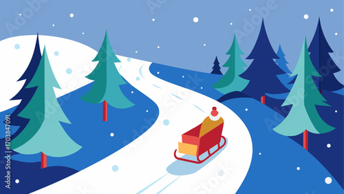 Person riding a sled through winter woods
