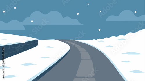 Winter road scene with snow and cloudy sky