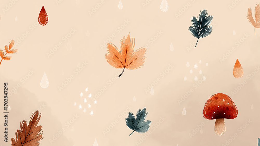 Obraz premium Rough Japanese Autumn Maple Leaves and Mushrooms with Rainy Gritty Texture for Wabi Sabi Seasonal Transformation 