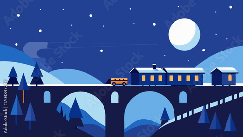 Winter night scene with train and moon