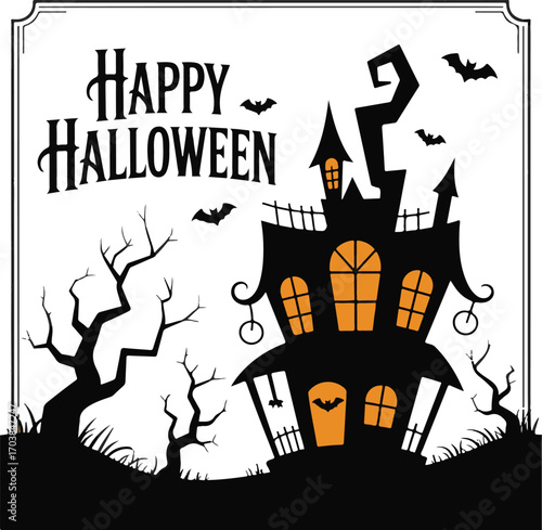 Silhouette halloween scene with haunted houses trees and bats under a full moon spooky and festive design