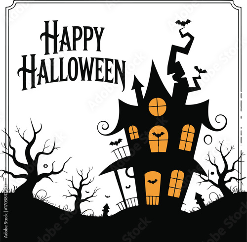 Silhouette halloween scene with haunted houses trees and bats under a full moon spooky and festive design