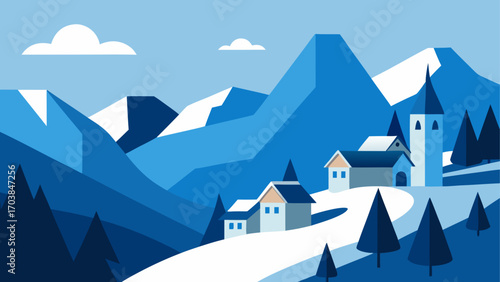 Winter landscape with village and mountains