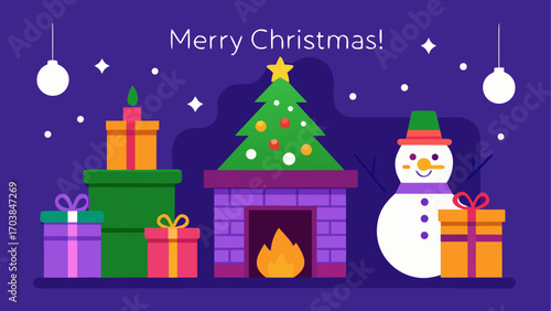 Christmas scene with tree and snowman art