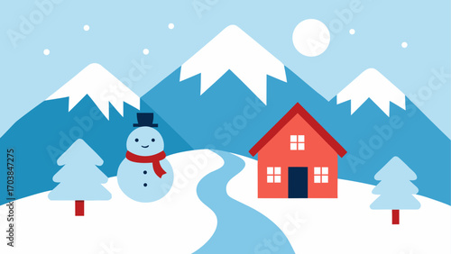 Winter scene with snowman and mountain view