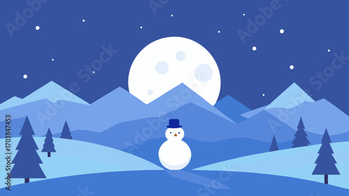 Snowman standing under a full moon night