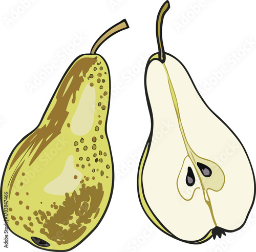 Whole and halved pear with brown speckles and seeds fruit