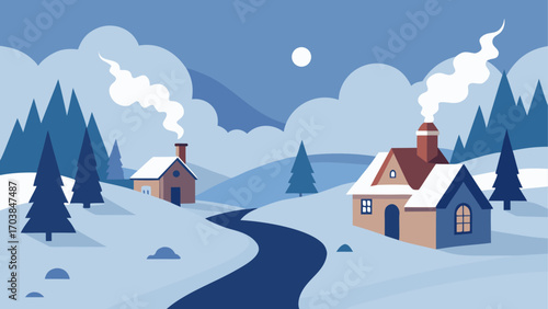 Winter landscape with houses and snow scene