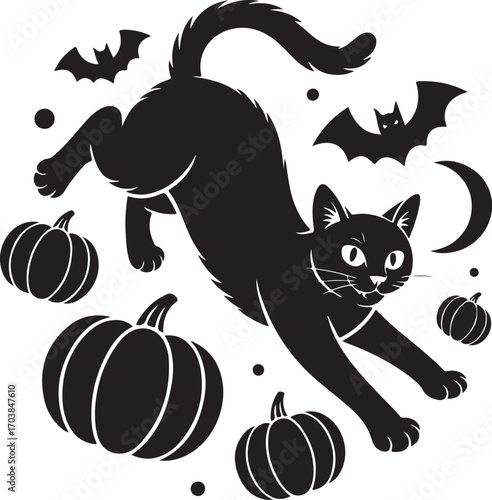 Silhouette halloween scene with haunted houses trees and bats under a full moon spooky and festive design