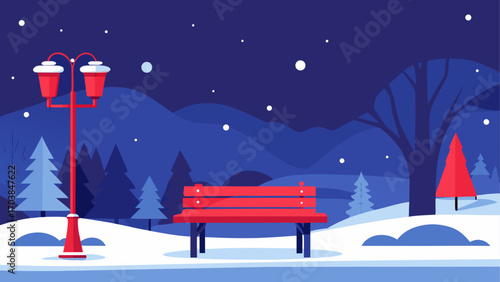 Winter night scene with bench and lamp post
