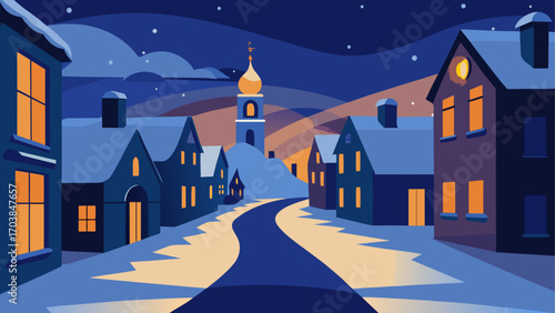 Village street view at night illustration
