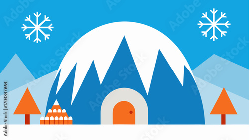 Winter scene with igloo and snow flakes