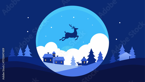 Deer flying over winter village at night