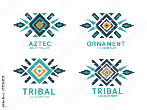 Colorful Aztec Geometric Logo Set – Tribal Ornamental Templates with Ethnic and Indian-Inspired Designs in Grungy Shabby Chic Hipster Style
