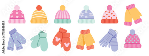 Cozy Hats, Scarves, Mittens, Gloves for Kids and Adults, Cold Weather Cartoon Vector Set, Autumn Warm Clothing, Flat Color Illustration, Isolated on White