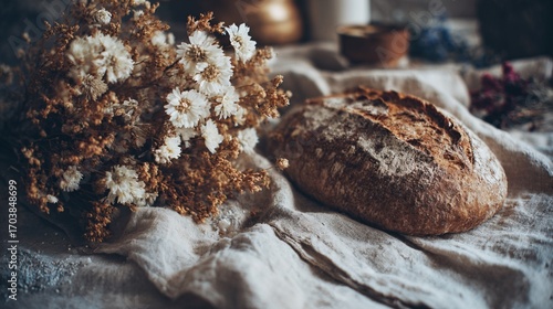 Rustic Loaf of Bread with Dried Wildflowers on Linen Cloth – Still Life for Culinary Visuals and Traditional Food Branding