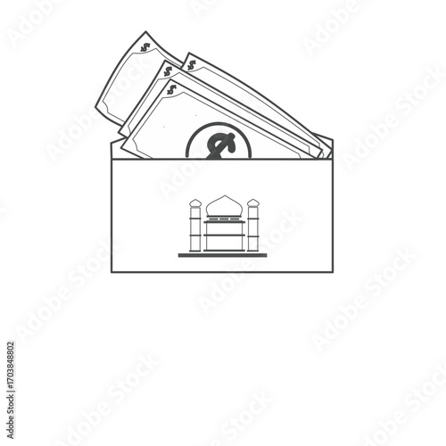 Muslim charity envelope with money and mosque illustration