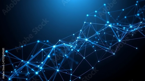 Abstract network of connected nodes and flowing lines in blue and silver on a dark background.