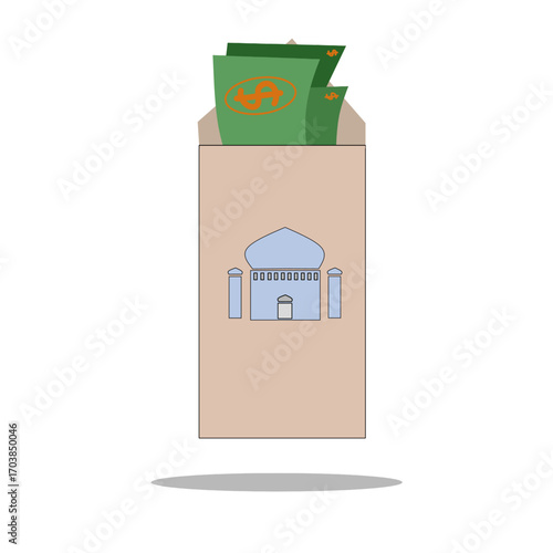 Money in envelope with mosque illustration, charity concept