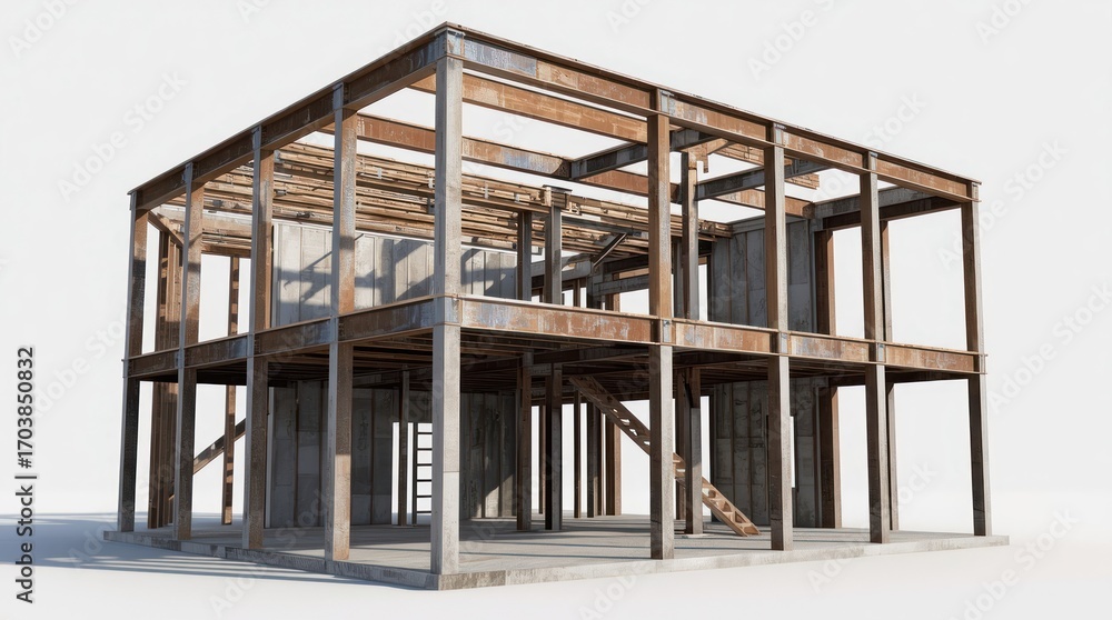 Obraz premium Modern industrial building framework under construction with exposed beams and scaffolding