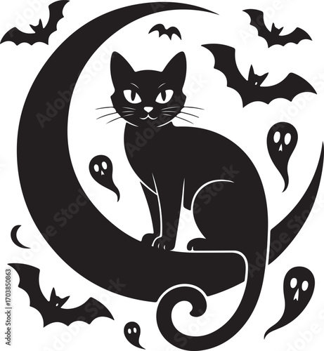 Silhouette halloween scene with haunted houses trees and bats under a full moon spooky and festive design