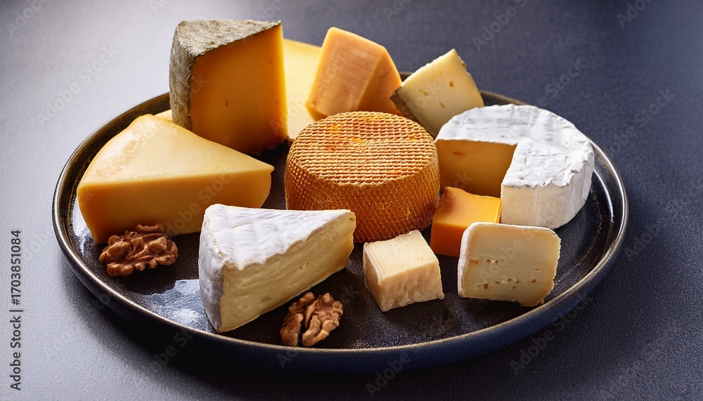 Fototapeta premium Assorted Gourmet Cheeses On Plate With Honeycomb And Shapes