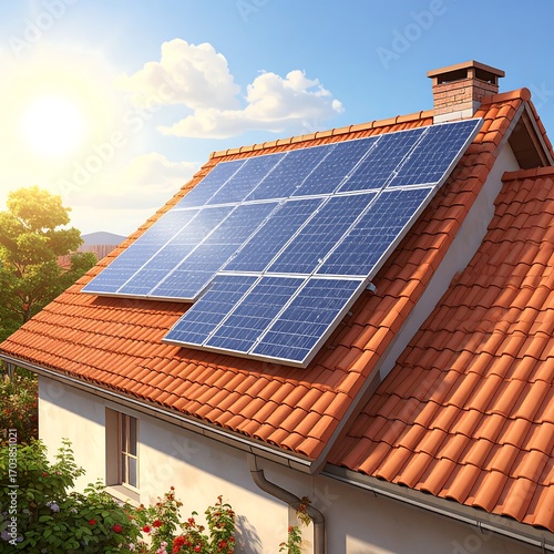 Solar panels on a terracotta-tiled roof of a house under a sunny sky