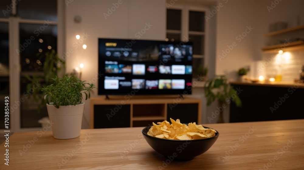 custom made wallpaper toronto digitalCozy Home Entertainment Setup with TV and Snacks for Perfect Movie Night Experience
