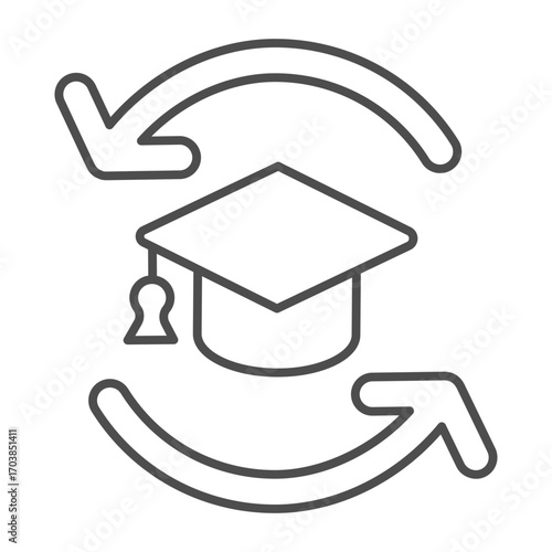 Two arrows and student hat thin line icon, student exchange program concept. Vector graphics. Graduate cap, education sign on white background, outline style icon for mobile or web design.