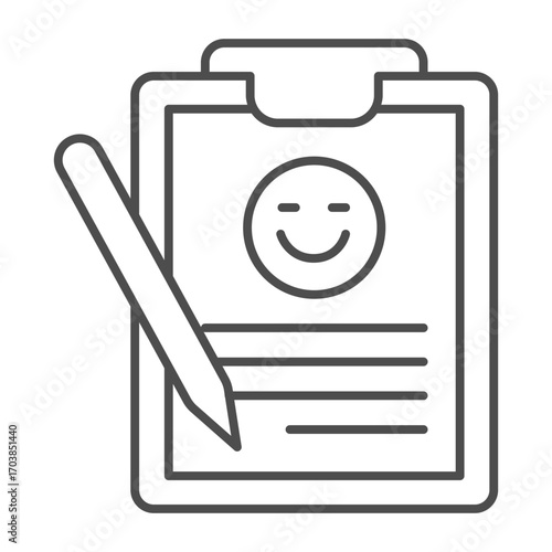 Feedback paper clipboard with pen thin line icon, traveler survey concept. Vector graphics. Travel positive review, feedback sign on white background, outline style icon for mobile or web design.