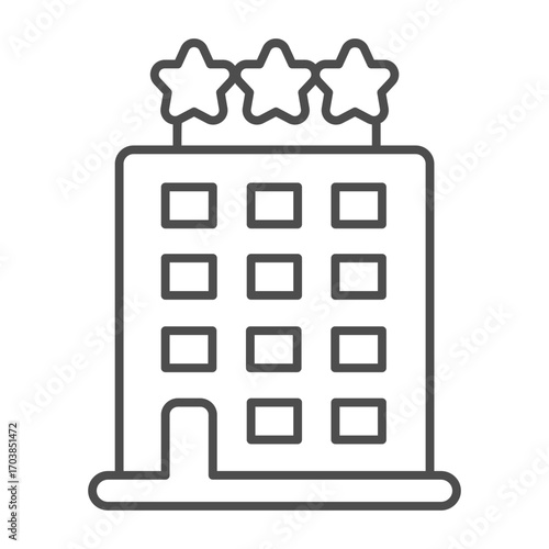Three star motel thin line icon, traveler survey concept. Vector graphics. Low cost hotel, building sign on white background, outline style icon for mobile or web design.