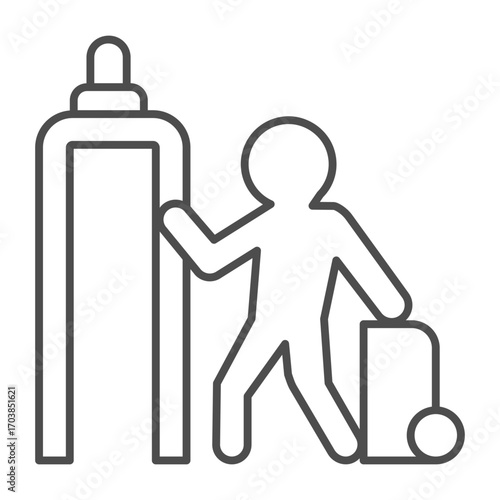 Metal detector and man with luggage thin line icon, traveler survey concept. Vector graphics. Airport inspection at entrance sign on white background, outline style icon for mobile or web design.
