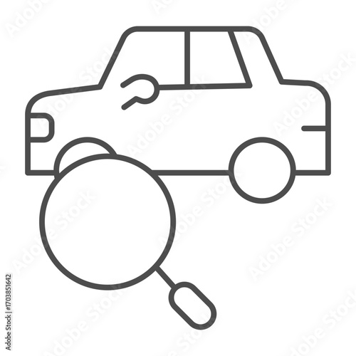 Car vehicle with magnifier thin line icon, air travel booking concept. Vector graphics. Airport taxi cab search, wayfinding sign on white background, outline style icon for mobile or web design.