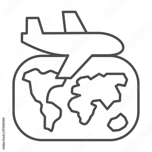 World map and plane thin line icon, traveler survey concept. Vector graphics. Airplane flight all over the world sign on white background, outline style icon for mobile or web design.