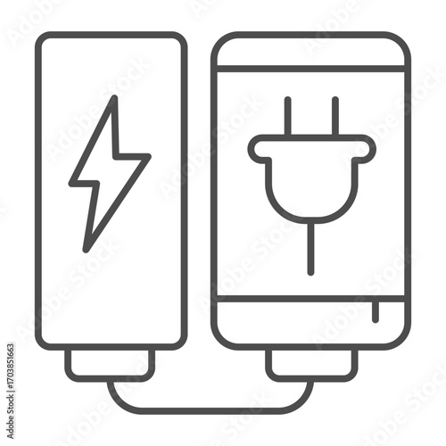 Smartphone with power bank thin line icon, technology concept. Vector graphics. Portable device charging, energy sign on white background, outline style icon for mobile or web design.