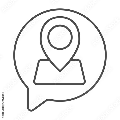 Dialog popup with map and location pin thin line icon, traveler survey concept. Vector graphics. Traveler message, wayfinding sign on white background, outline style icon of mobile or web design.