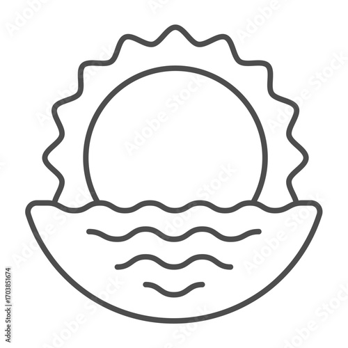 Sun and water with waves thin line icon, traveler survey concept. Vector graphics. Sunset or sunrise at sea sign on white background, outline style icon for mobile or web design.